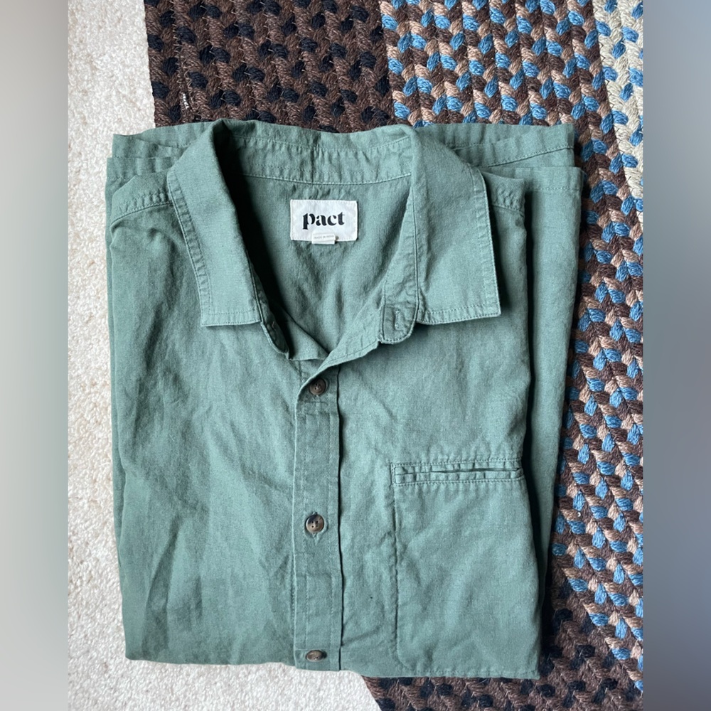 Pact Men's Short Sleeve Button-Up Shirt - Green, cotton / linen - size large